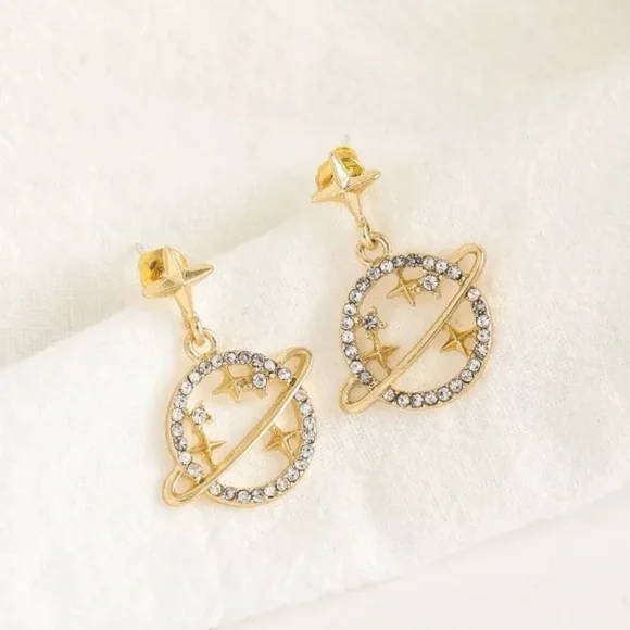 Crystal Planet Saturn and Gold Stars Dangle Earrings - Picture 5 of 16